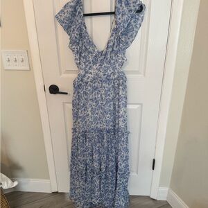 Aqua Blue and White Ruffled Maxi Dress